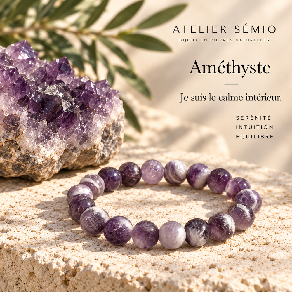 Bracelet en améthyste avec pierre brute, univers Atelier Sémio. Je suis le calme intérieur. Sérénité, intuition, équilibre.