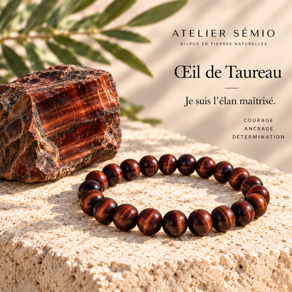 Bracelet en œil de Taureau avec pierre brute, univers Atelier Sémio. Je suis l’élan maîtrisé. Courage, ancrage, détermination.