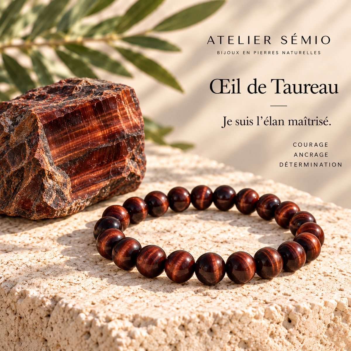 Bracelet en œil de Taureau avec pierre brute, univers Atelier Sémio. Je suis l’élan maîtrisé. Courage, ancrage, détermination.