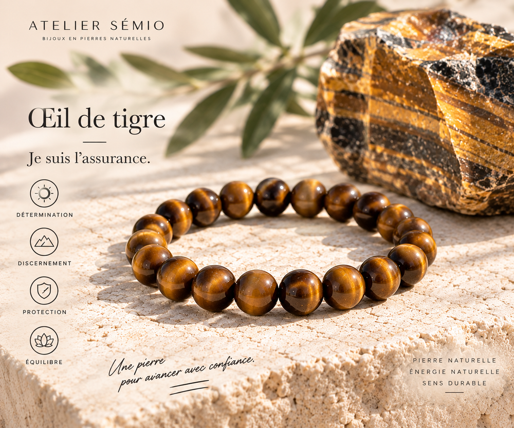 Bracelet en œil de tigre avec pierre brute, univers Atelier Sémio. Je suis l’assurance. Détermination, discernement, protection, équilibre.
